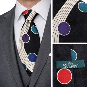 Vintage Surrey Men's Neck Tie Abstract Geometric Circles 80s 90s Black